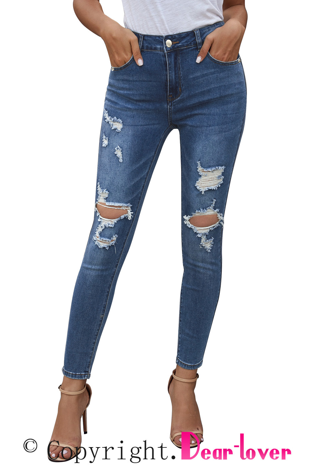 Blue Hollow Out Vintage Skinny Ripped Jeans - LA Grand