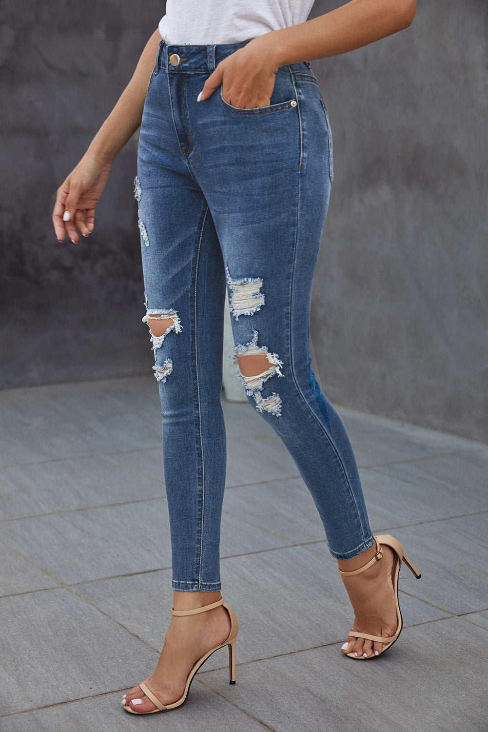 Blue Hollow Out Vintage Skinny Ripped Jeans - LA Grand