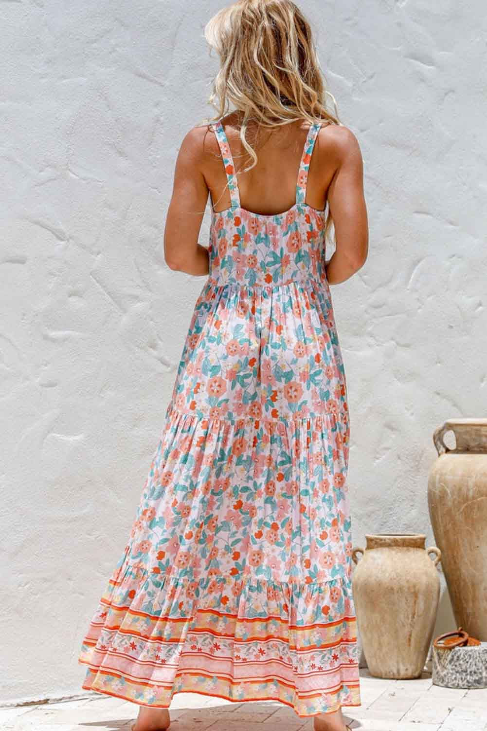 Orange Boho Floral Print Sleeveless Tiered Maxi Dress - LA Grand