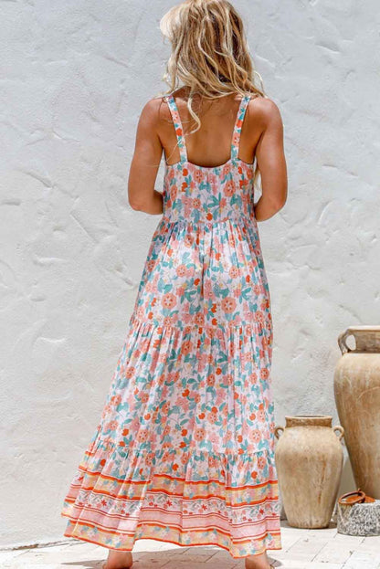 Orange Boho Floral Print Sleeveless Tiered Maxi Dress - LA Grand