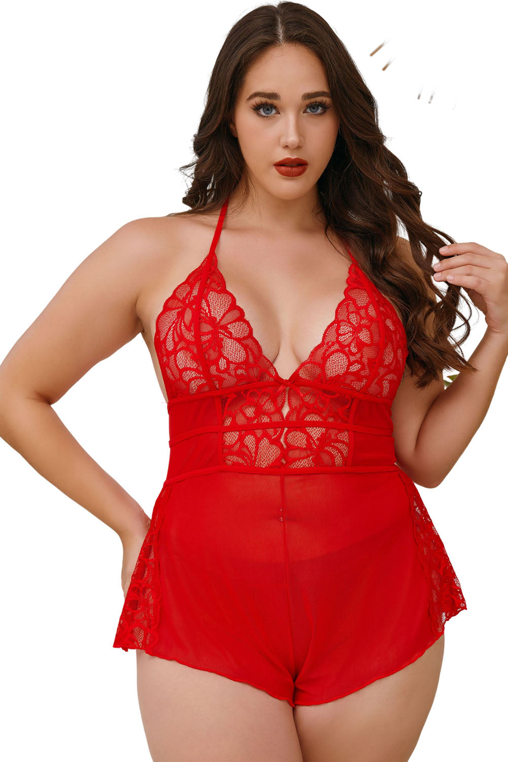 Fiery Red Plus Size Lace Backless Halter Neck Teddy Lingerie - LA Grand