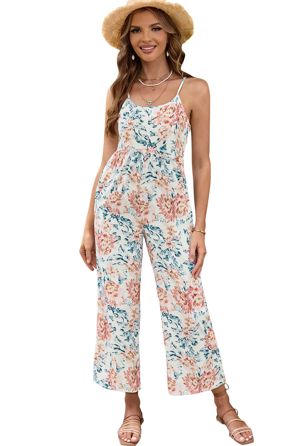 White Floral Spaghetti Straps Wide Leg Jumpsuit - LA Grand