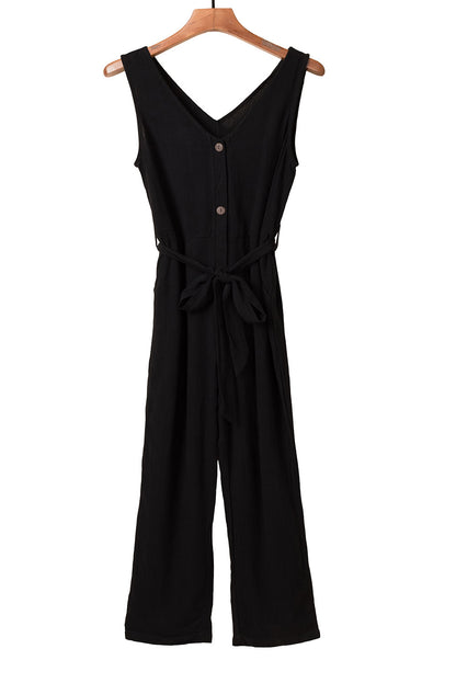 Black V Neck Button Belted Jumpsuit with Pockets - LA Grand