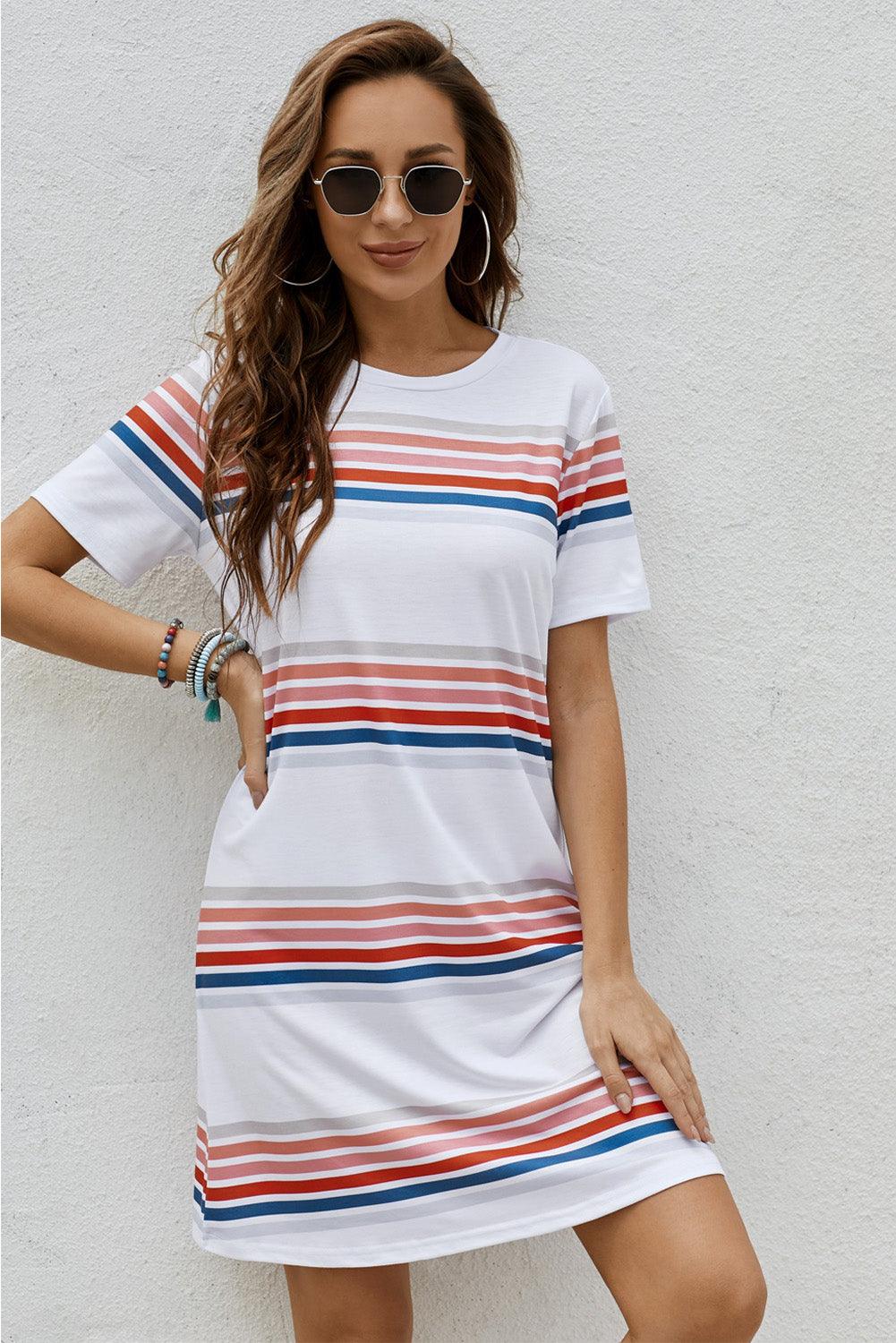 Striped Print Round Neck T-shirt Mini Dress - LA Grand