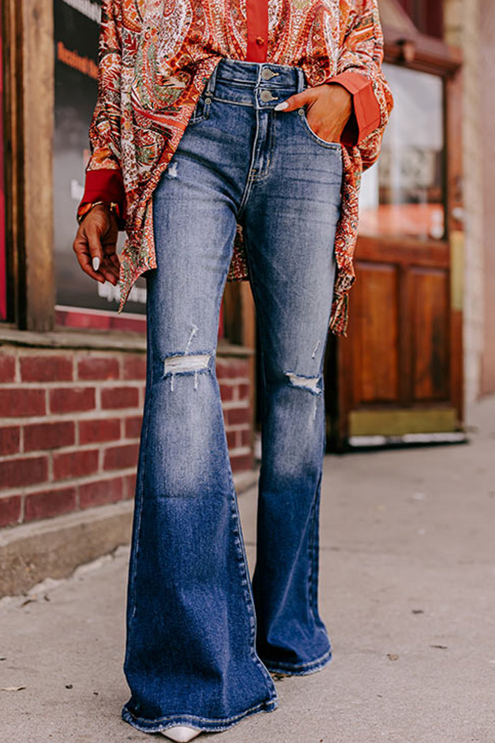 Sky Blue Button Fly Ripped High Waist Flare Jeans - LA Grand