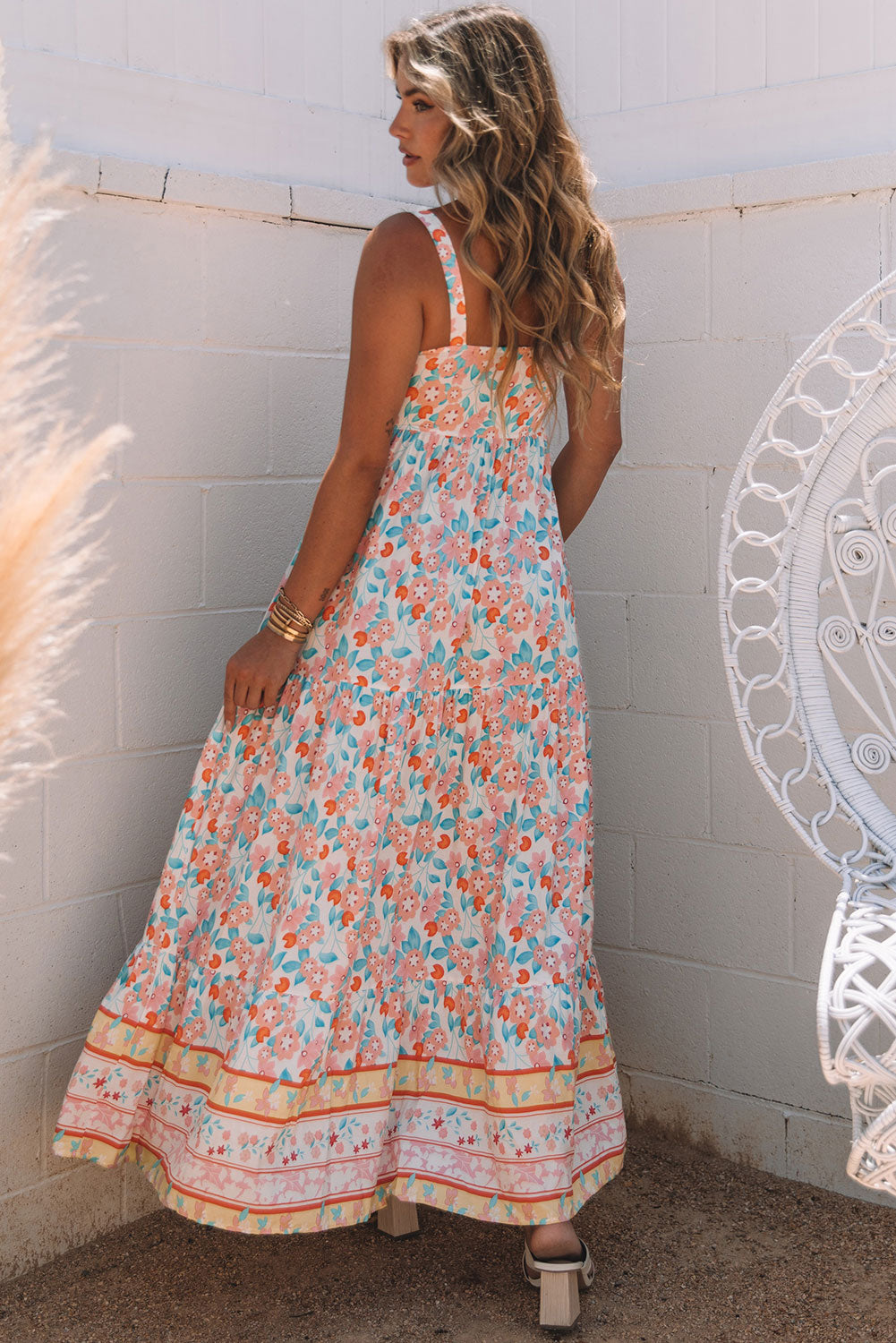 Orange Boho Floral Print Sleeveless Tiered Maxi Dress - LA Grand