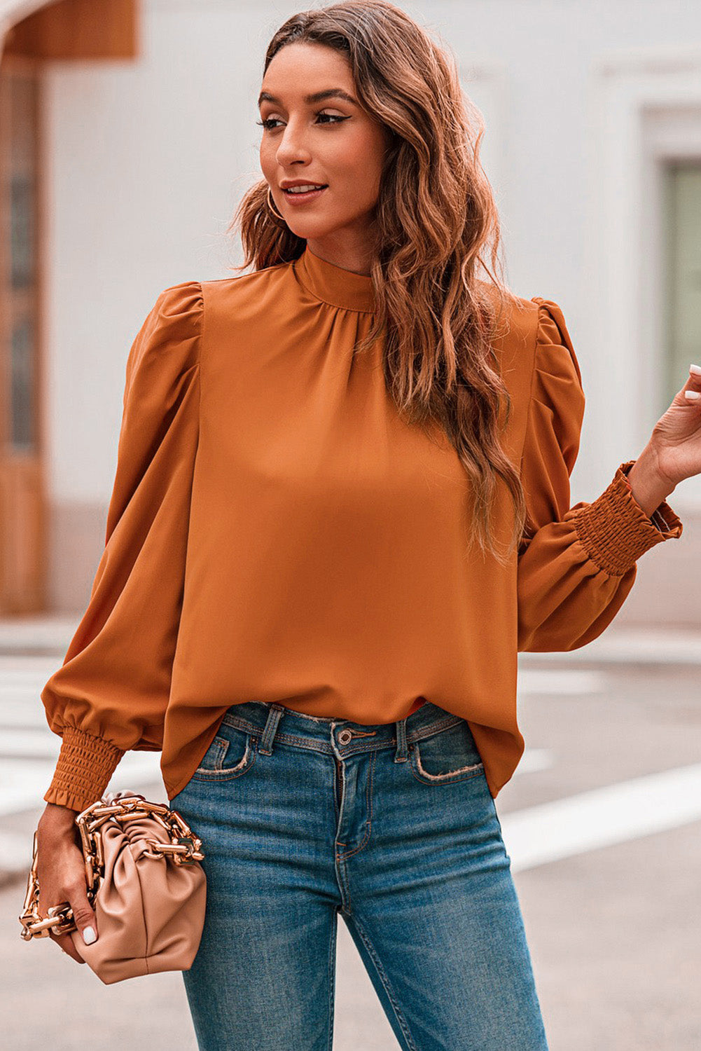 Orange Long Bubble Sleeve Mock Neck Chiffon Blouse - LA Grand