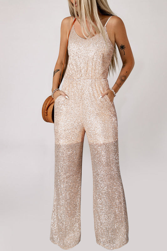 Gold Sequined V Neck Sleeveless High Waist Jumpsuit - LA Grand