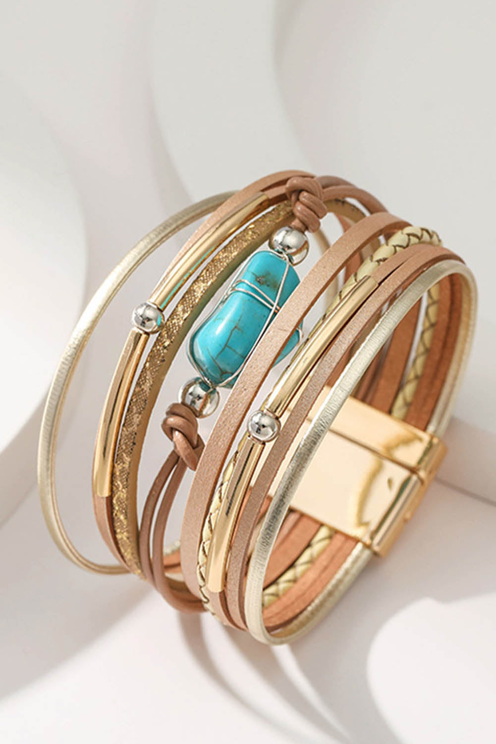 Khaki Multi-layer Leather Turquoise Beaded Bracelet - LA Grand