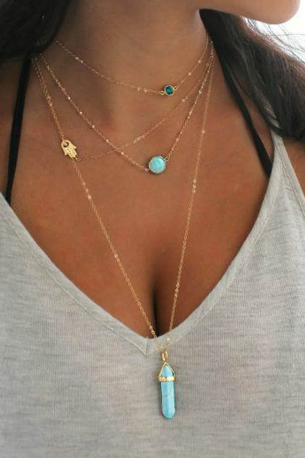 Gold Turquoise Gemstone Pendant Multi-Layered Necklace - LA Grand