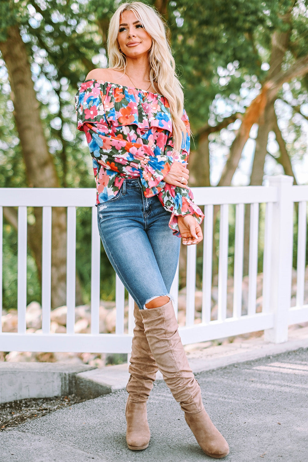 Floral Print Ruffled Off Shoulder Blouse - LA Grand