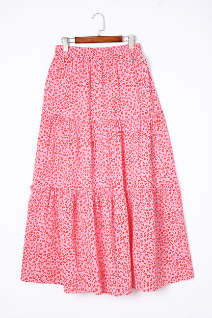 Pink Leopard Print Frilled Drawstring High Waist Maxi Skirt - LA Grand