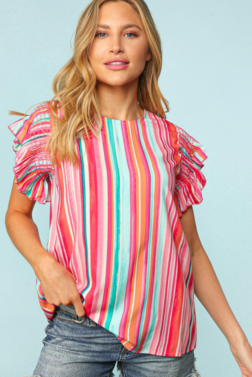 Multicolor Abstract Print Stitching Ruffle Sleeve Blouse - LA Grand