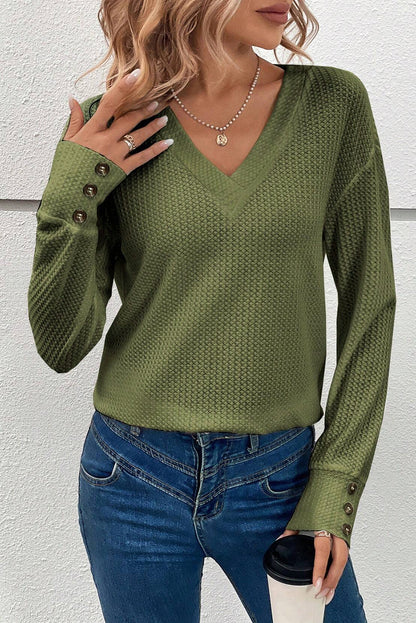 Jungle Green Textured Knit V Neck Button Cuffs Long Sleeve Top - LA Grand