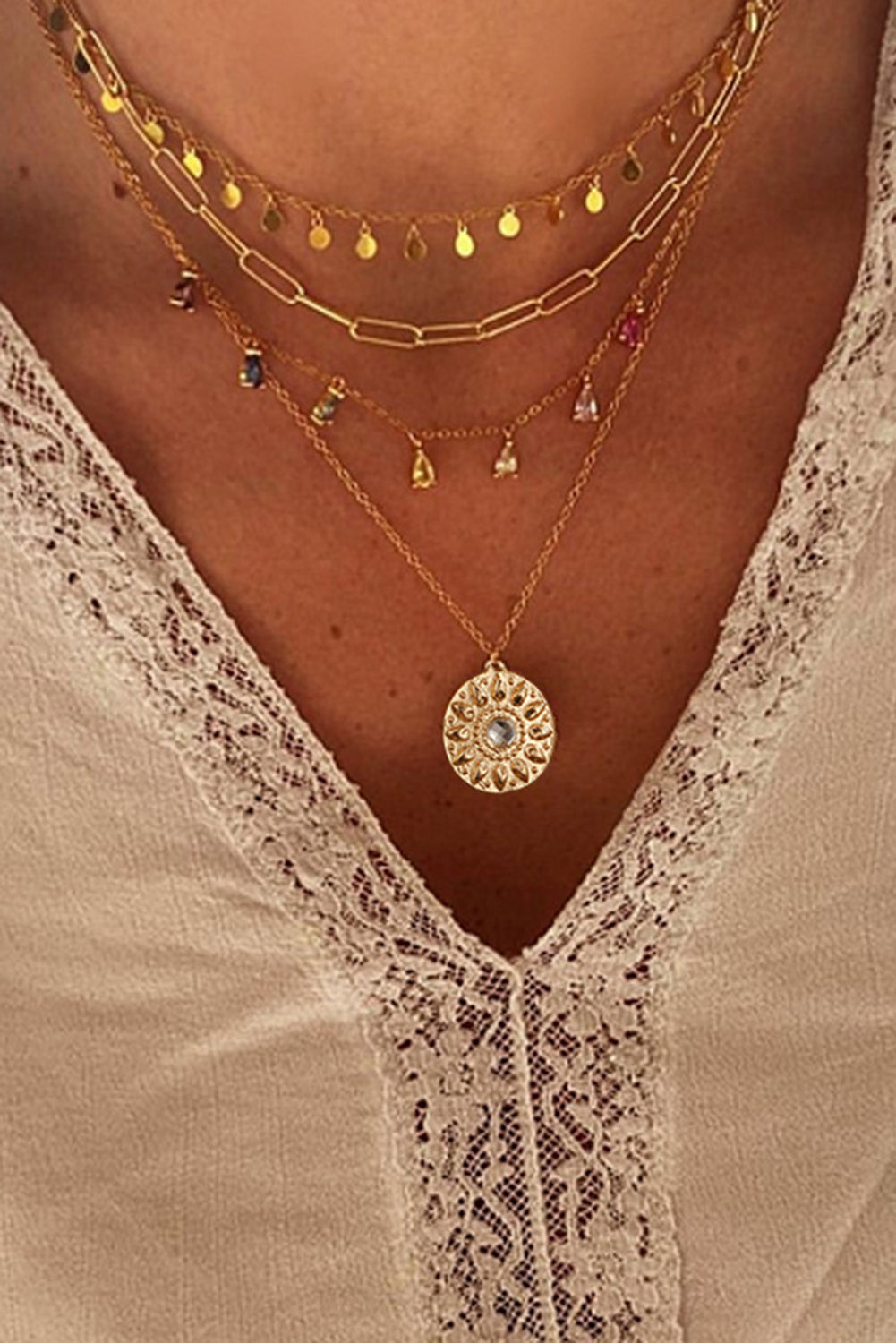 Gold Boho Water Drop Colorful Crystal Pendant Necklace - LA Grand