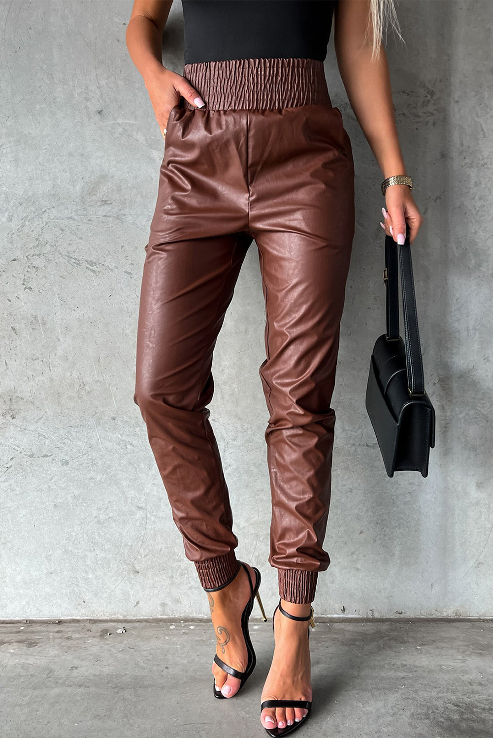 Brown Smocked High-Waist Leather Skinny Pants - LA Grand