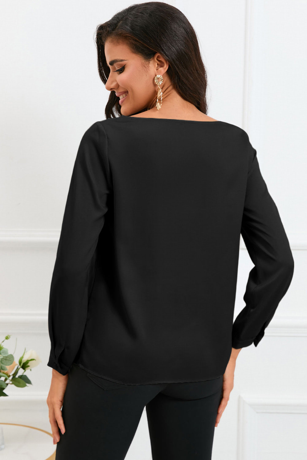 Apricot Solid Asymmetric V Neck Long Sleeve Satin Blouse - LA Grand