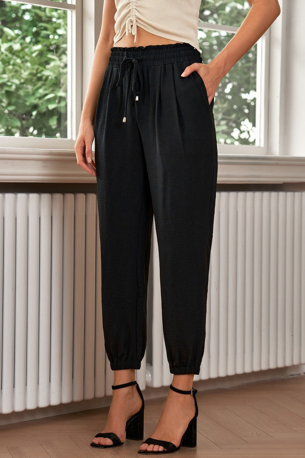 Black Solid Color Drawstring Smocked Waist Joggers - LA Grand