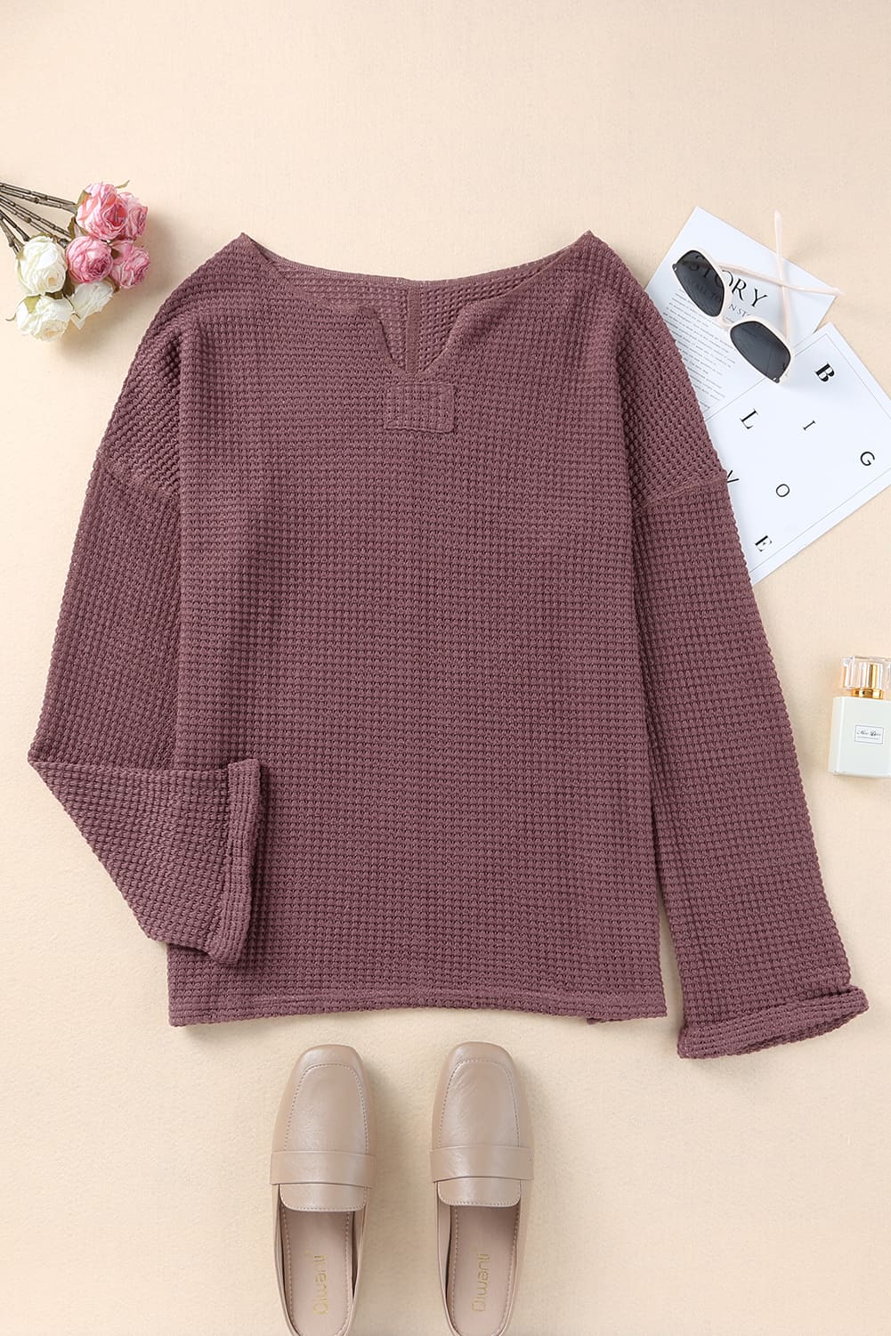 Dusk Blue Waffle Knit Loose Long Sleeve Top - LA Grand