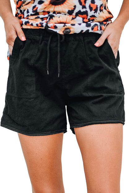 Black Raw Hem Pocketed Drawstring Casual Shorts - LA Grand