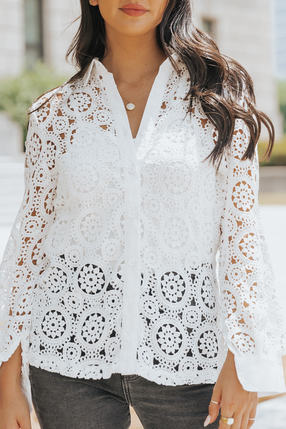 White Crochet Lace Hollow-out Turn-down Collar Shirt - LA Grand