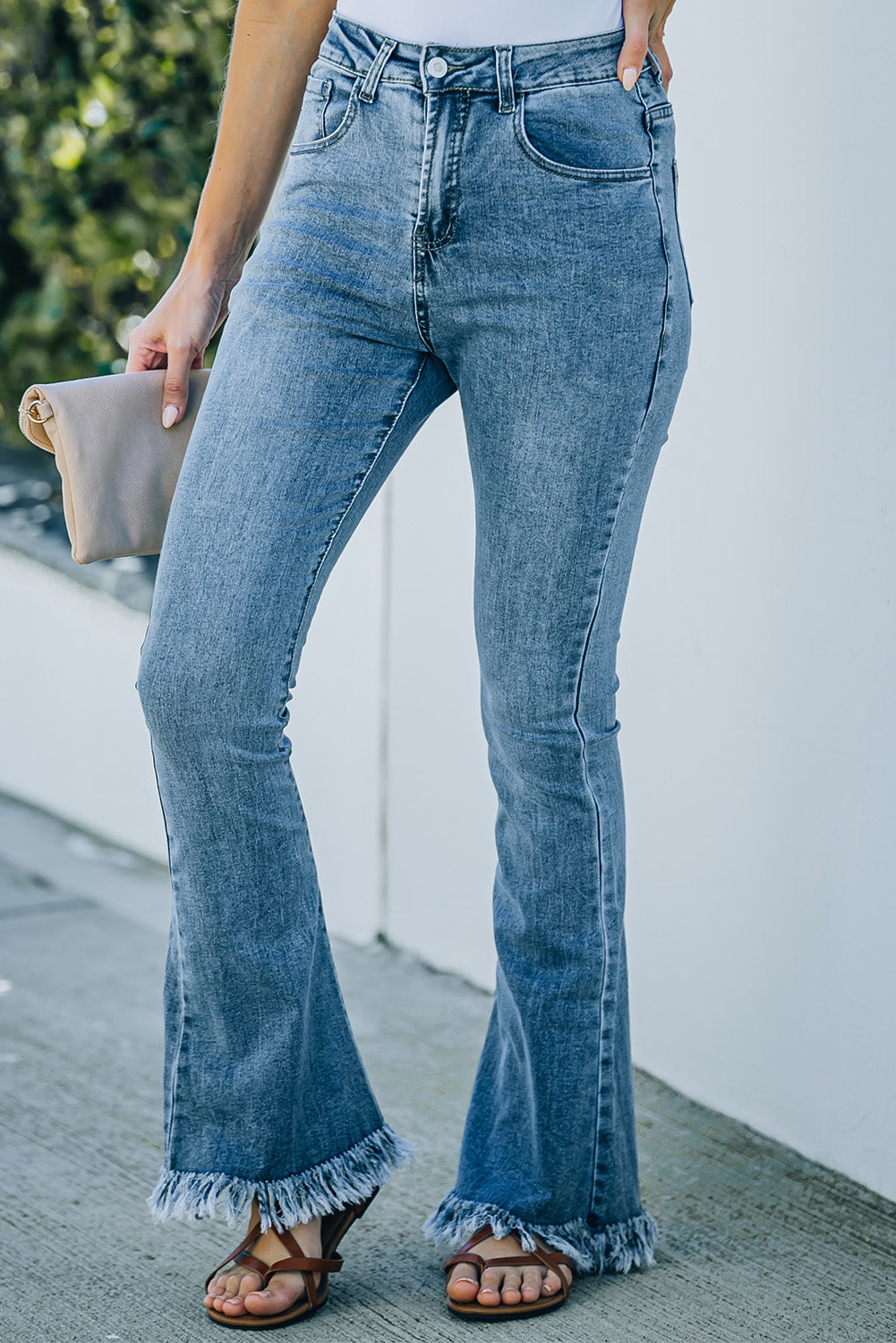 Medium Washed High Waist Flare Jeans with Raw Edges - LA Grand