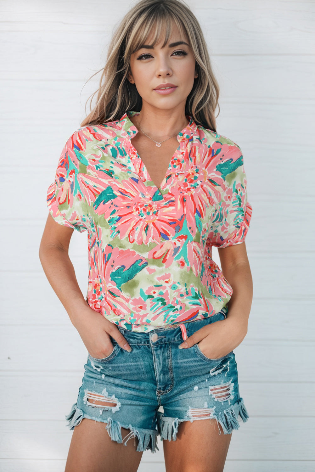 Green Abstract Floral Print Notch V Neck Rolled Short Sleeve Blouse - LA Grand