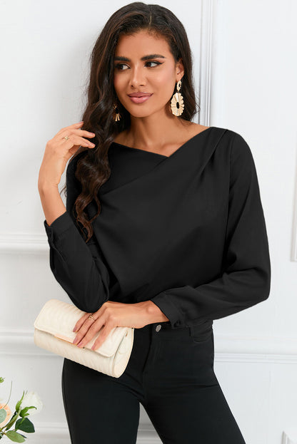 Apricot Solid Asymmetric V Neck Long Sleeve Satin Blouse - LA Grand