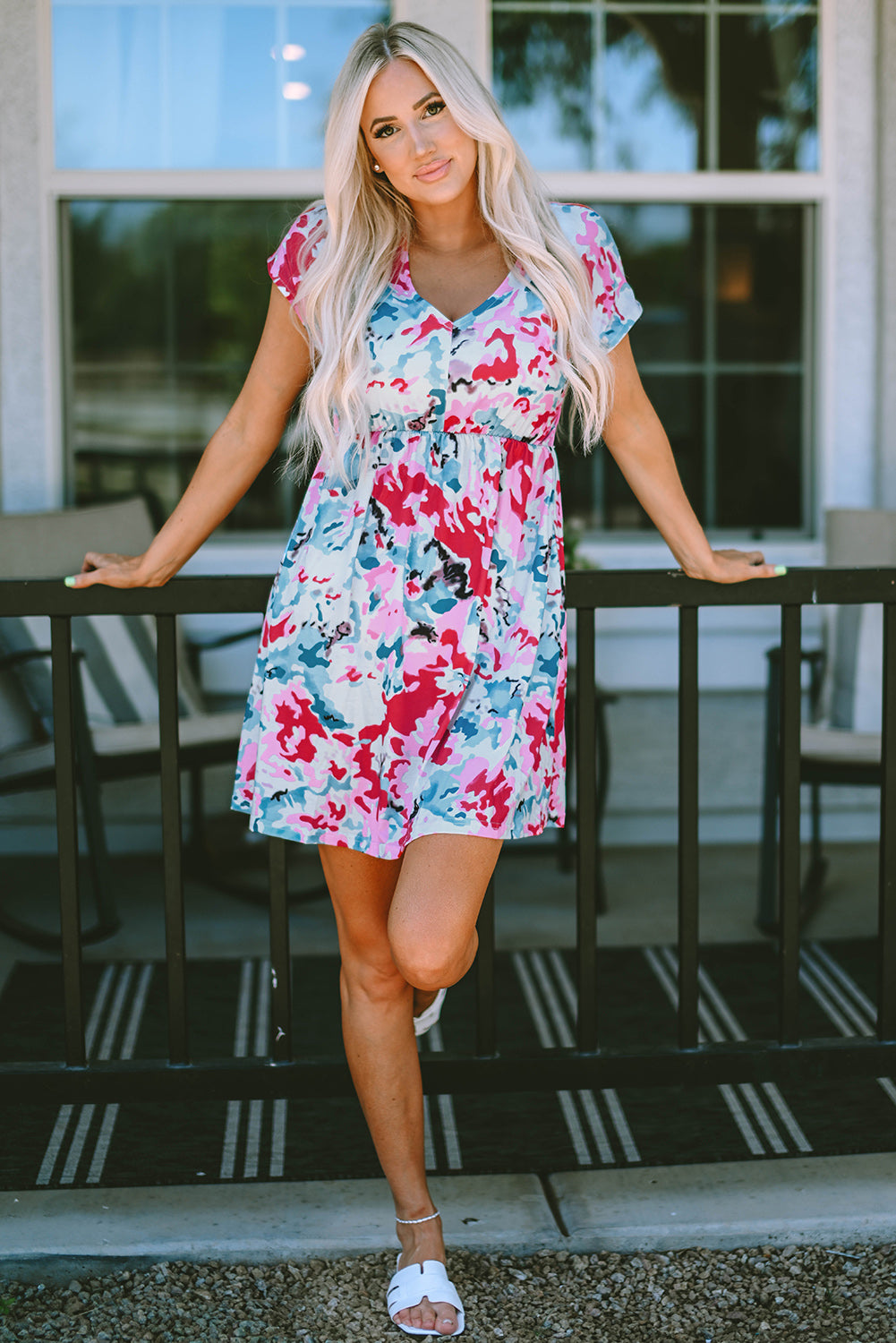 Fiery Red V Neck Short Sleeve Floral Dress - LA Grand