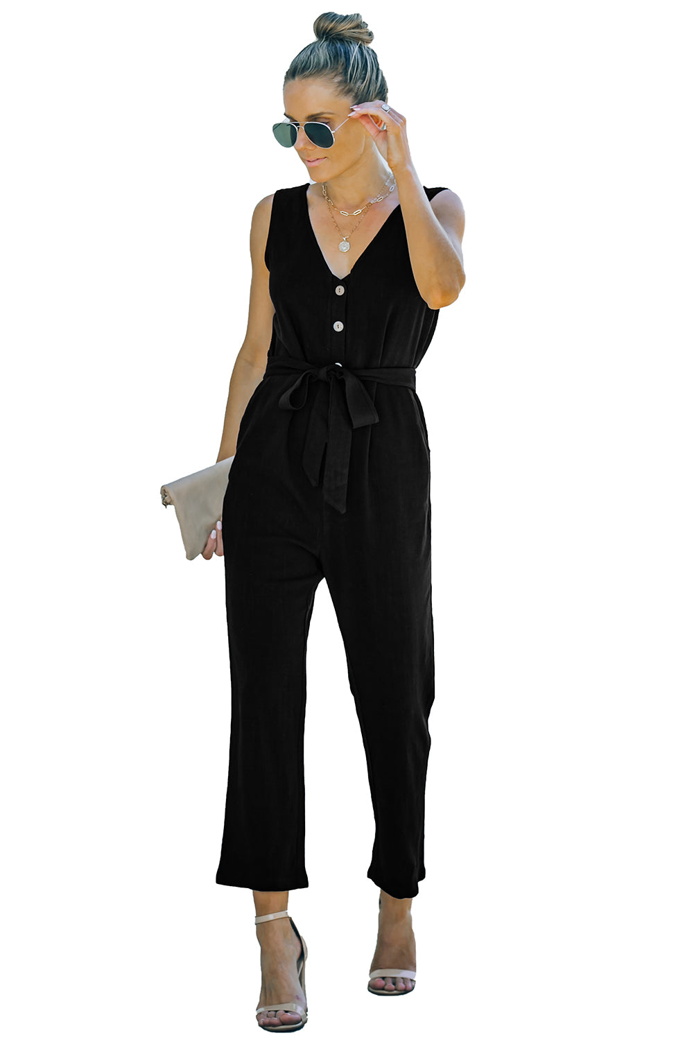 Black V Neck Button Belted Jumpsuit with Pockets - LA Grand