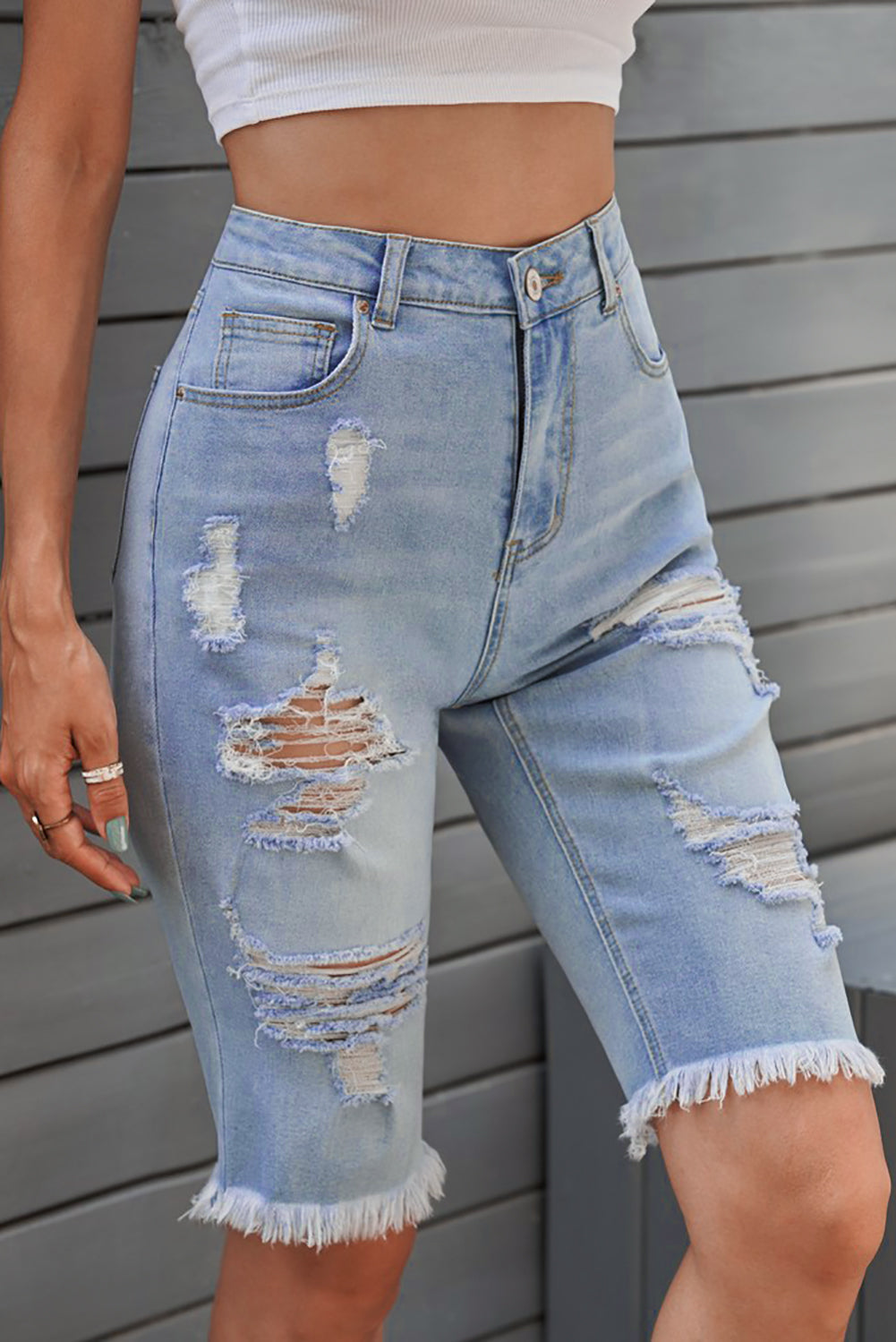 Light Blue Distressed Denim Bermuda Shorts - LA Grand