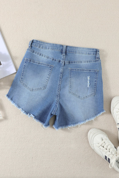 Light Blue Frayed Hem Denim Shorts - LA Grand