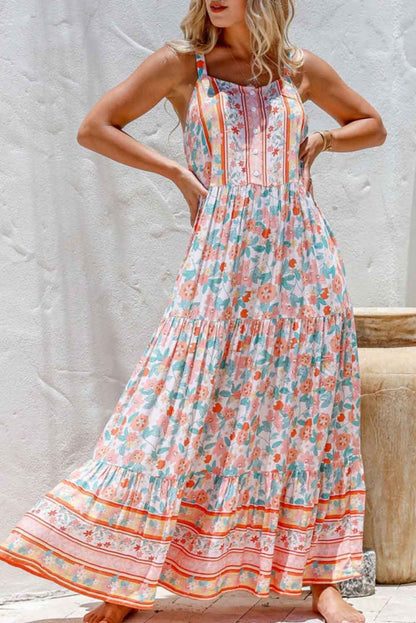 Orange Boho Floral Print Sleeveless Tiered Maxi Dress - LA Grand