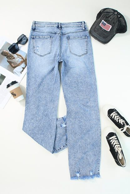 Sky Blue Washed Ripped Wide Leg High Waist Jeans - LA Grand