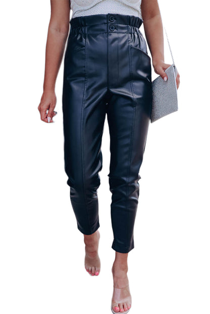 Black Smocked High Waist Faux Leather Skinny Pants - LA Grand