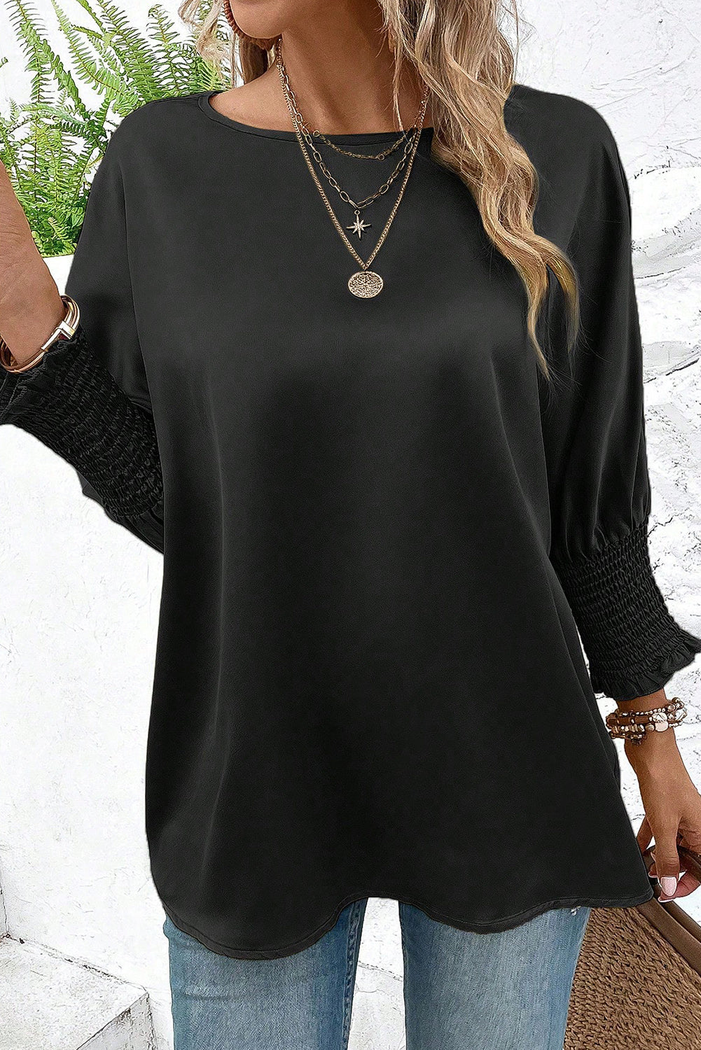 Smoke Gray Shirred Dolman Sleeve Satin Blouse - LA Grand