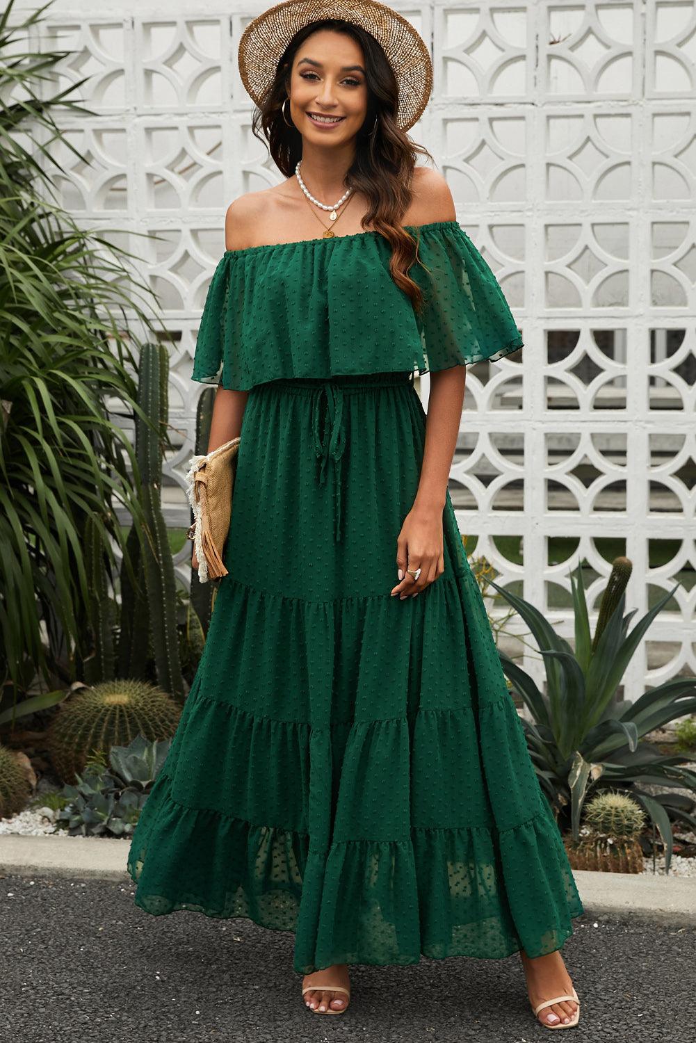 Verde Sunshine Off-Shoulder Swiss Dot Maxi Dress - LA Grand