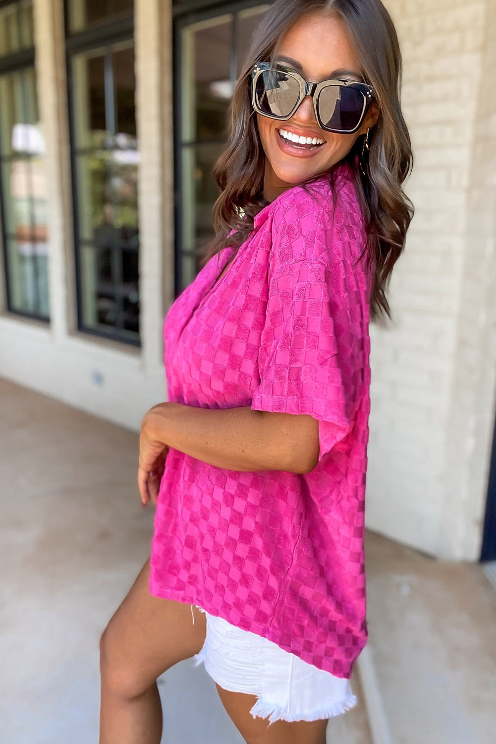 Bright Pink Lapel Neck Checkered Textured Short Sleeve Shirt - LA Grand