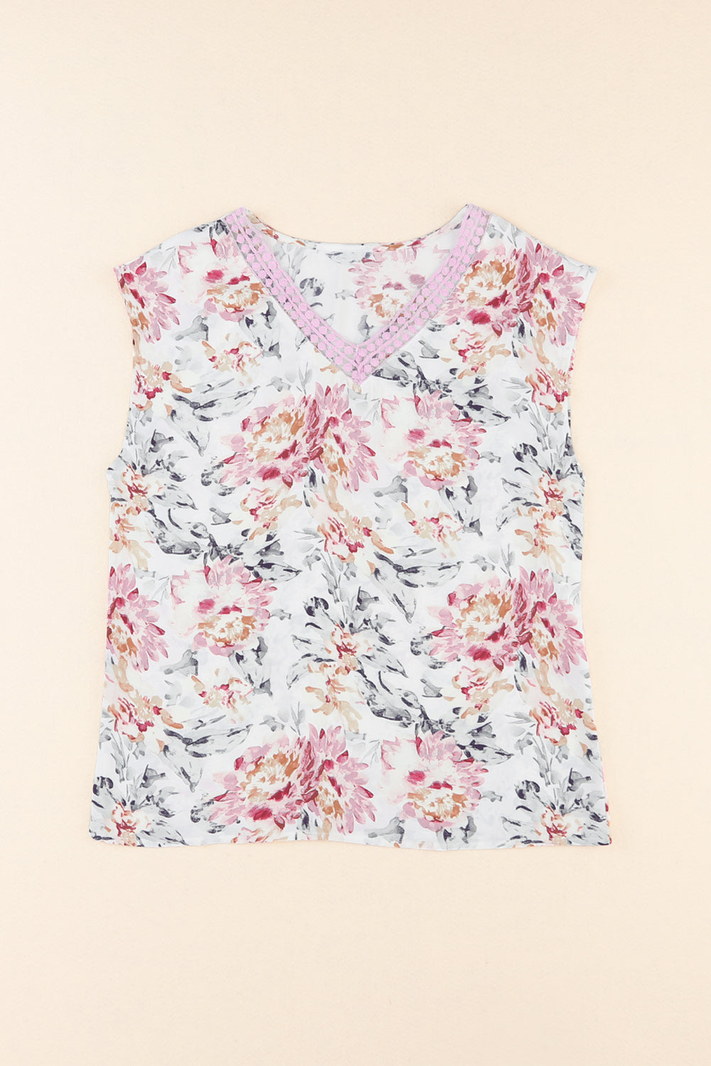 Pink Floral Print Lace Splicing Sleeveless Blouse - LA Grand