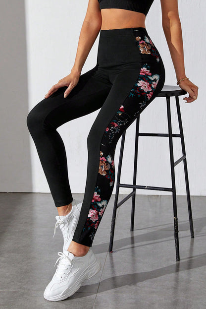 Black Floral Print Patch High Waist Leggings - LA Grand