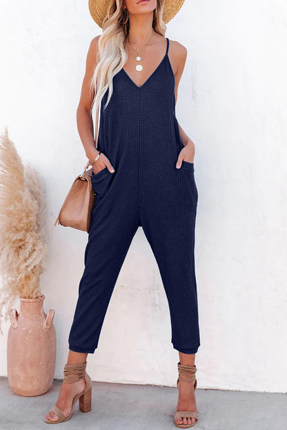 Blue Textured Sleeveless V-Neck Pocketed Casual Jumpsuit - LA Grand