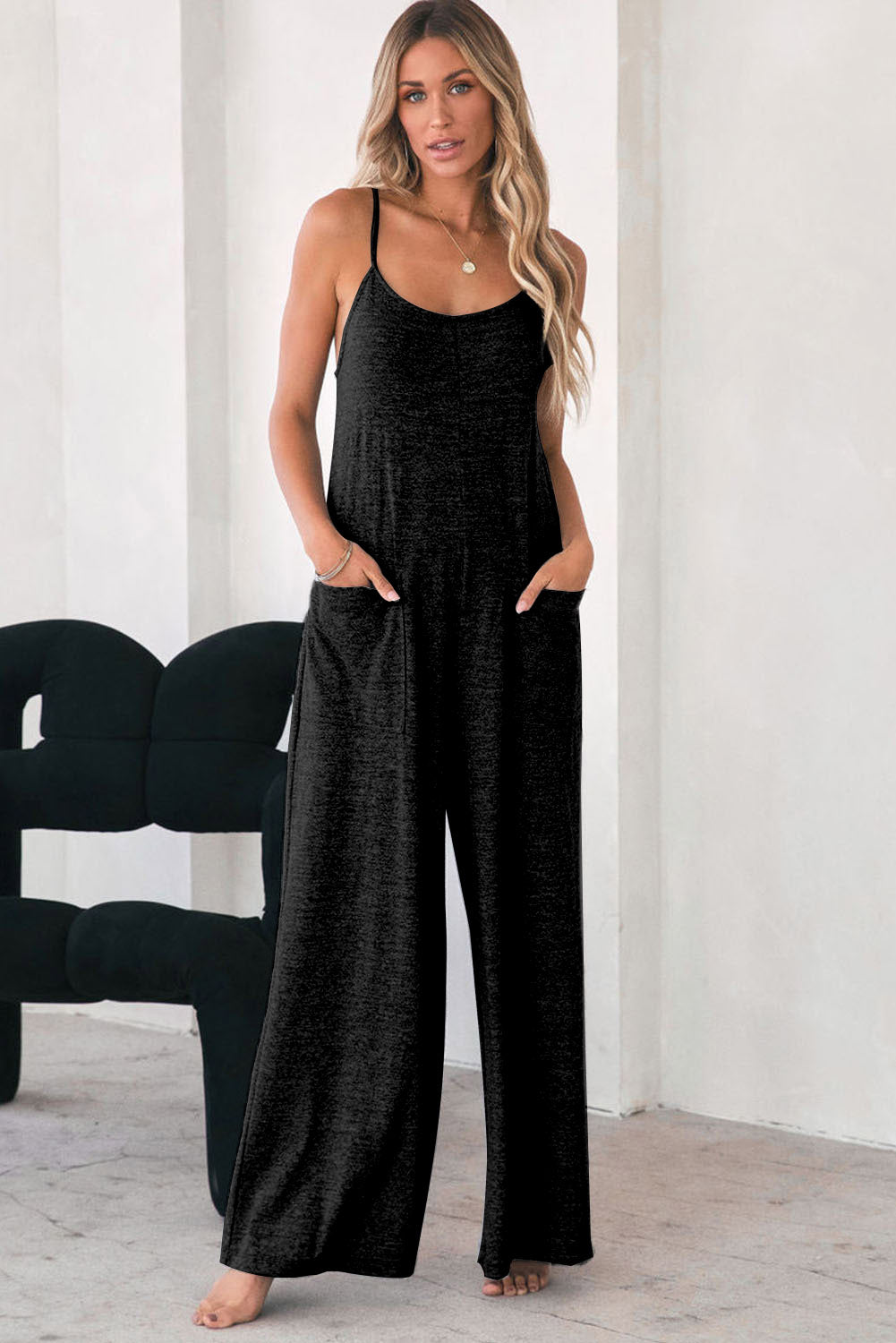 Gray Patch Pockets Spaghetti Strap Wide Leg Jumpsuit - LA Grand