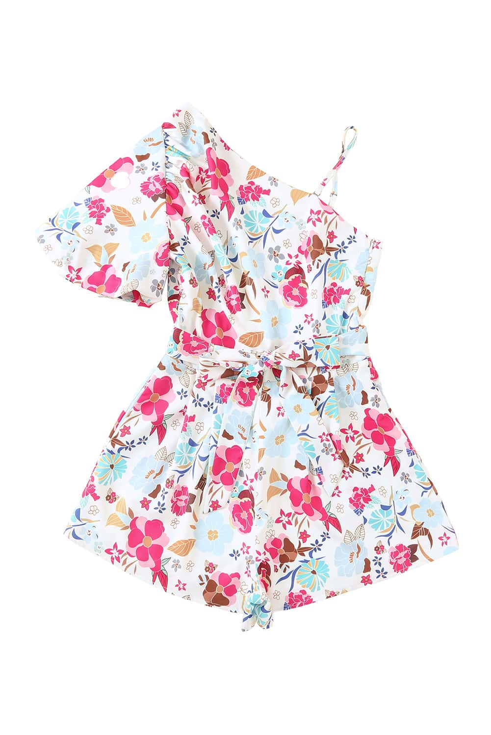 White Floral Single Bubble Sleeve Slant Shoulder Romper - LA Grand