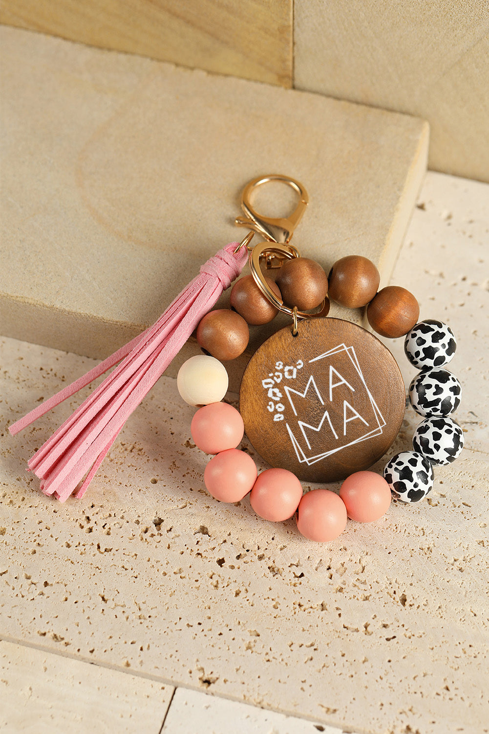 Pink MAMA Wood Pendant Leopard Fringe Keychain - LA Grand