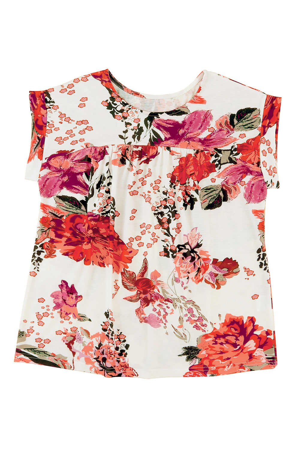 Fiery Red Floral Short Sleeve Round Neck Blouse - LA Grand