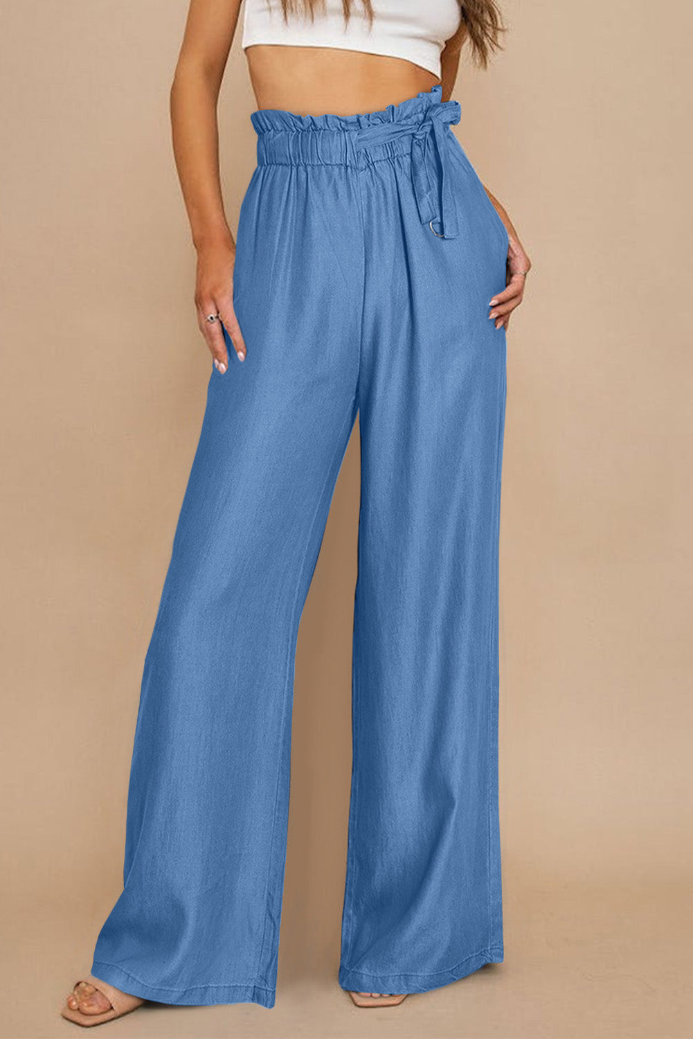 Sky Blue High Waist Pocketed Wide Leg Tencel Jeans - LA Grand