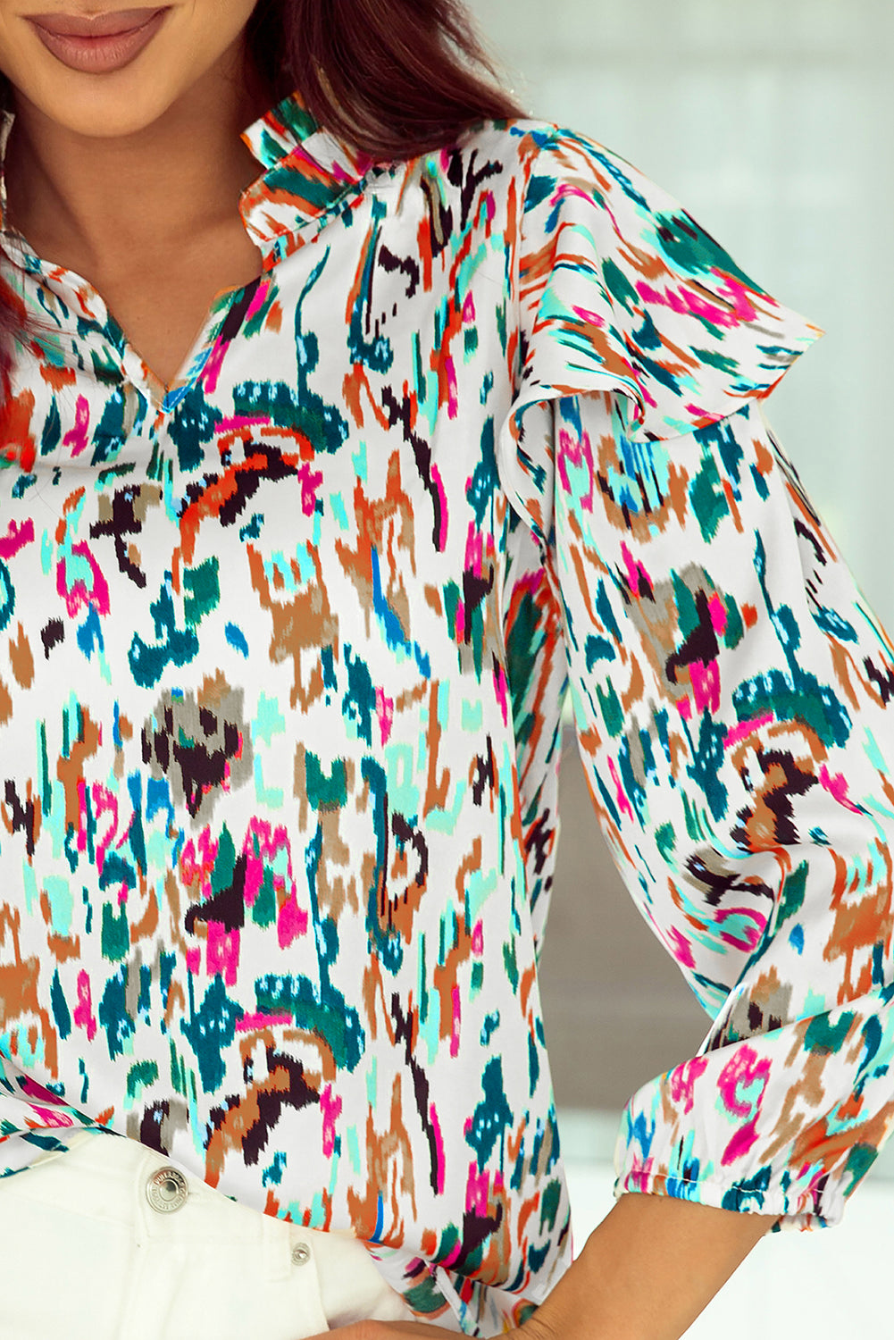 Multicolour Abstract Print 3/4 Puff Sleeve Ruffle Blouse - LA Grand