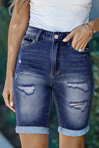 Blue Roll-up Distressed Bermuda Denim Shorts - LA Grand