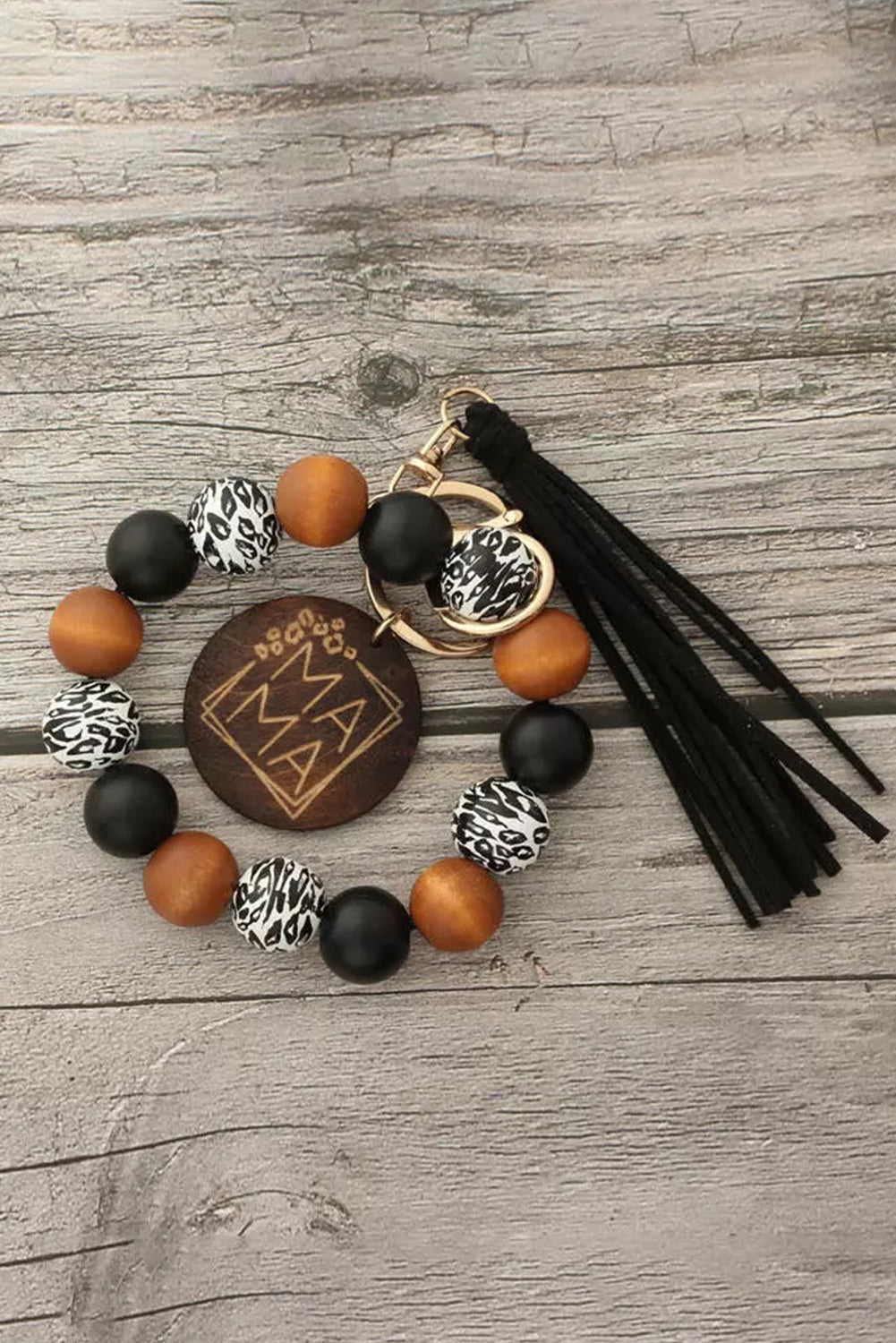 Black Leopard Wood Bead Bracelet Tassel Keychain - LA Grand