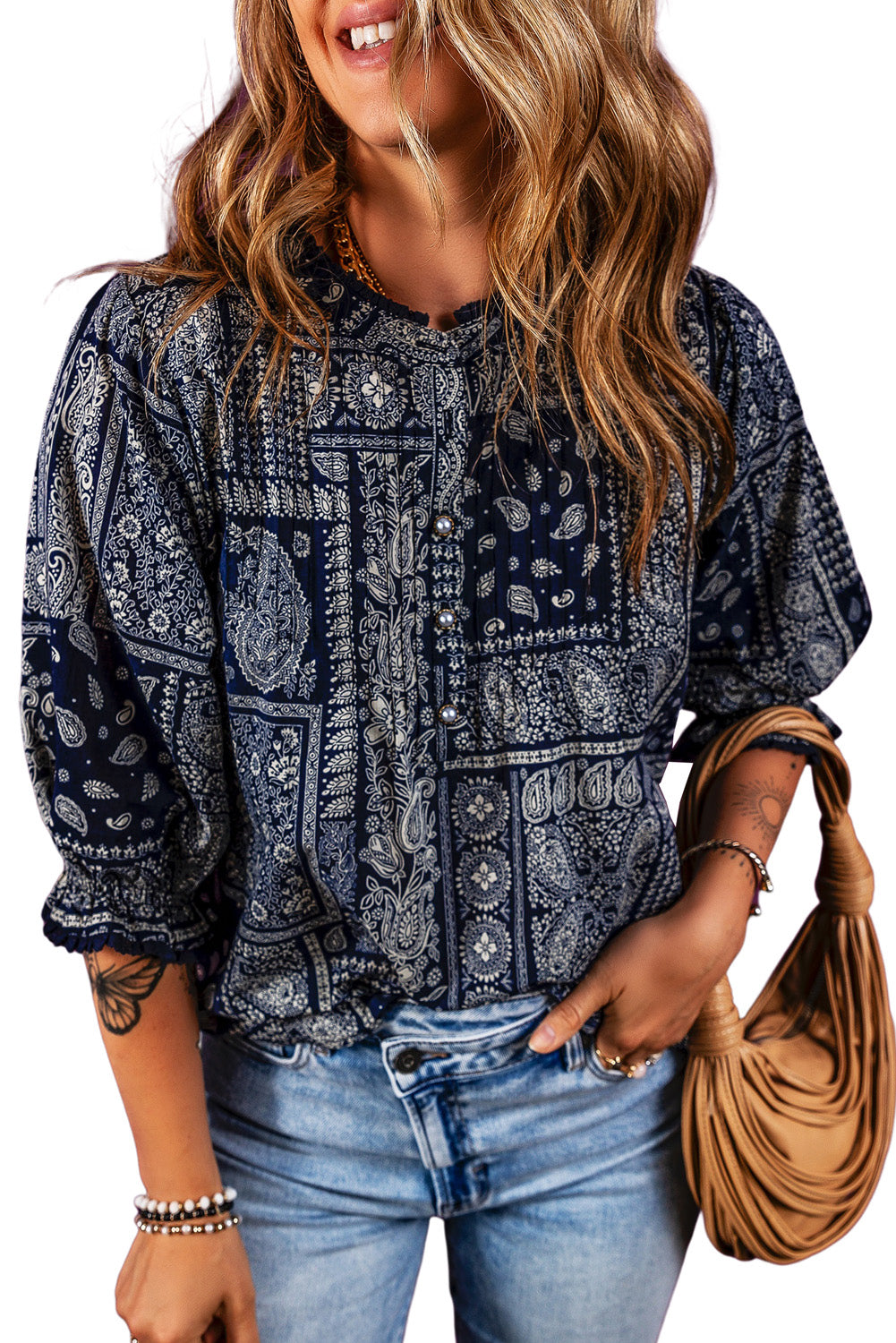 Navy Blue Vintage Boho Paisley Print 3/4 Sleeve Blouse - LA Grand